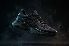 AI-generated product photo of a premium sneaker floating in a dark studio