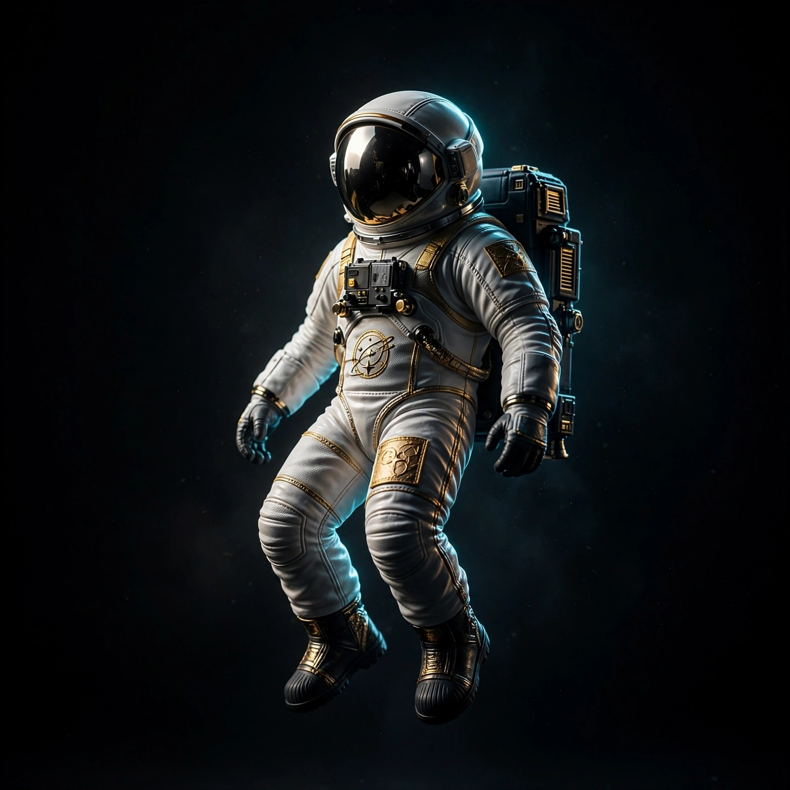 AI-generated astronaut figure as a luxury product shot in a dark studio