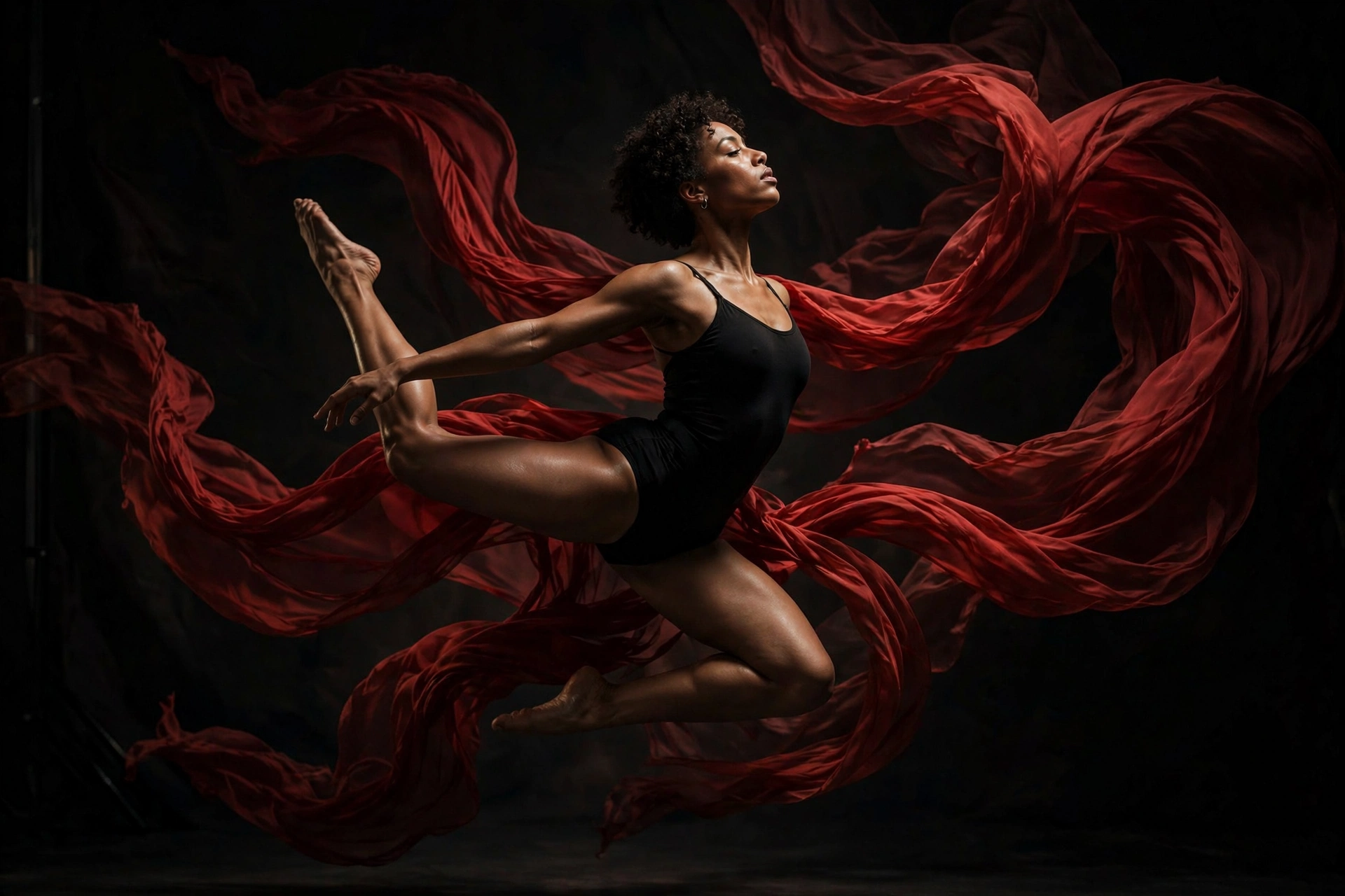 AI-generated dancer frozen mid-motion with flowing silk in a dark studio