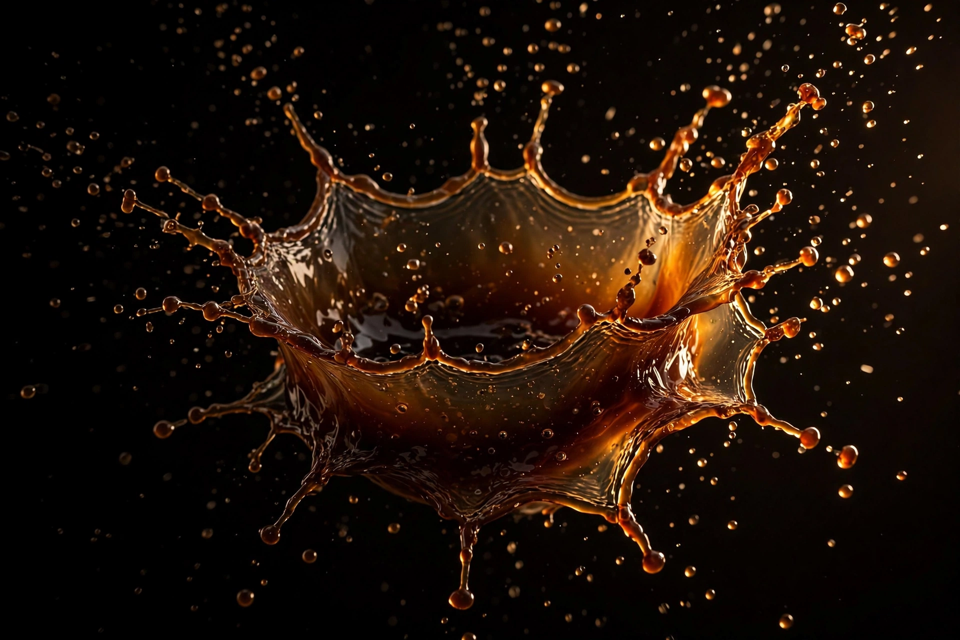 AI-generated macro of a coffee liquid crown splash frozen mid-air