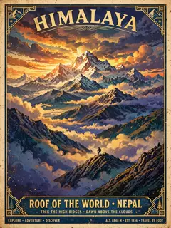 AI-generated travel poster of Himalayan peaks at dawn with a tiny trekker silhouette