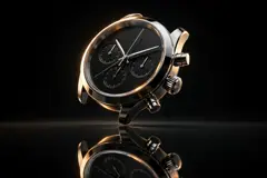 AI-generated product photo of a steel chronograph watch floating in a dark studio