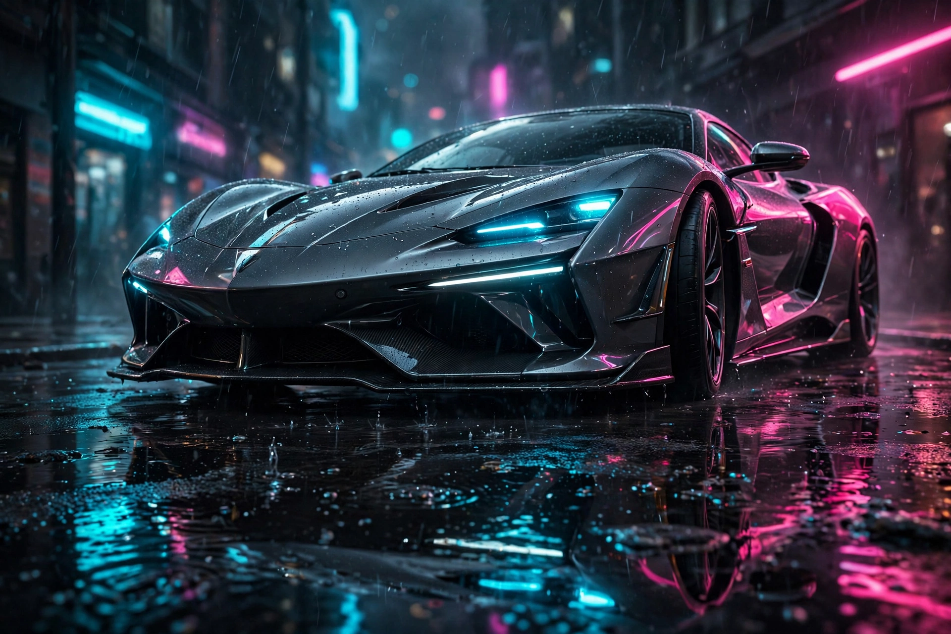 Neon night, wet asphalt — AI-generated example