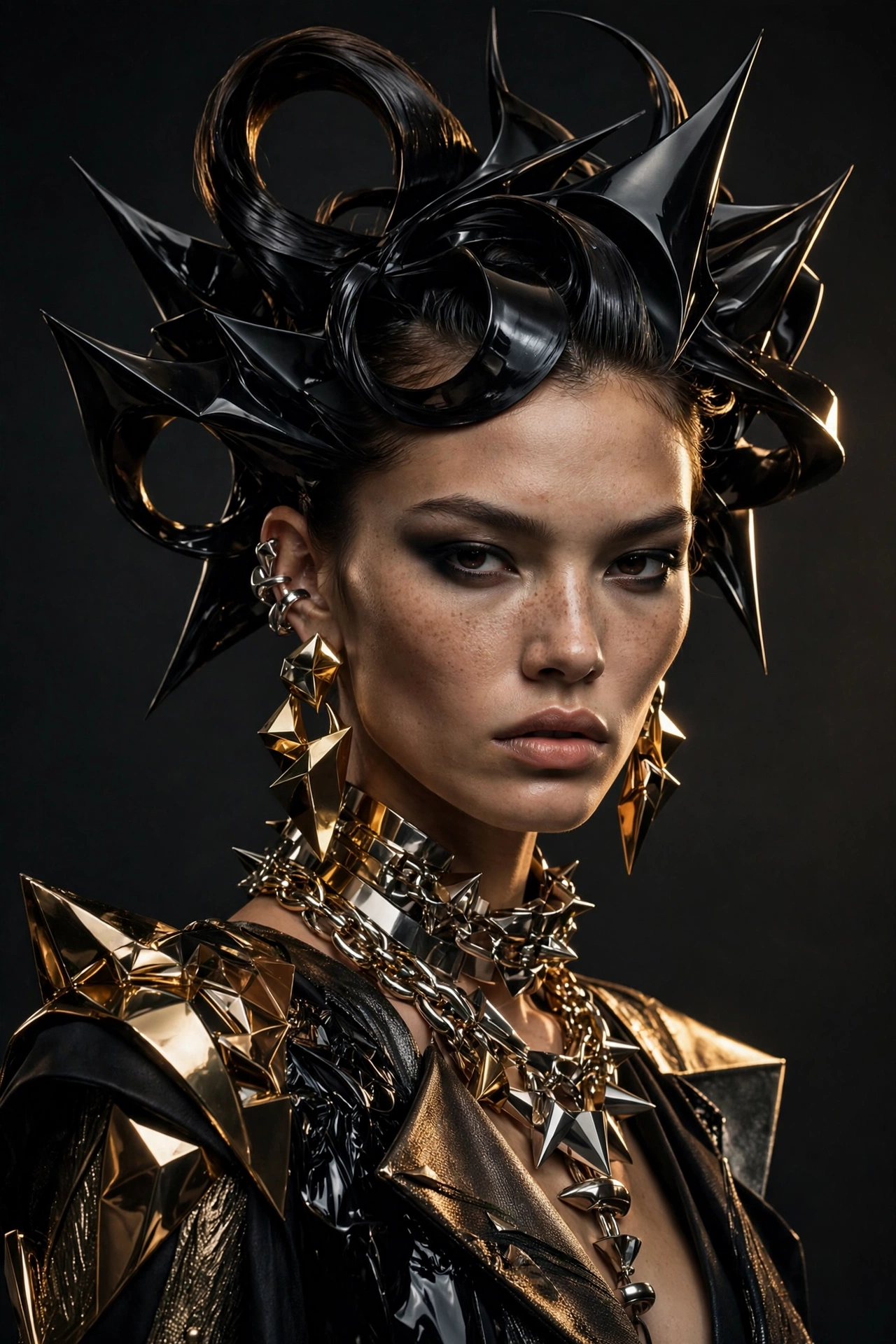 Fashion editorial, sculptural hair — AI-generated example