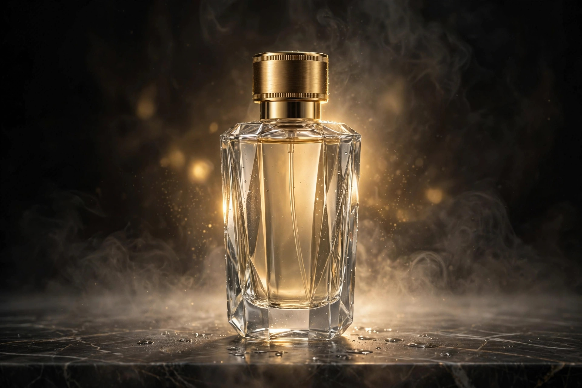 Glass perfume bottle with gold cap on marble in golden backlight