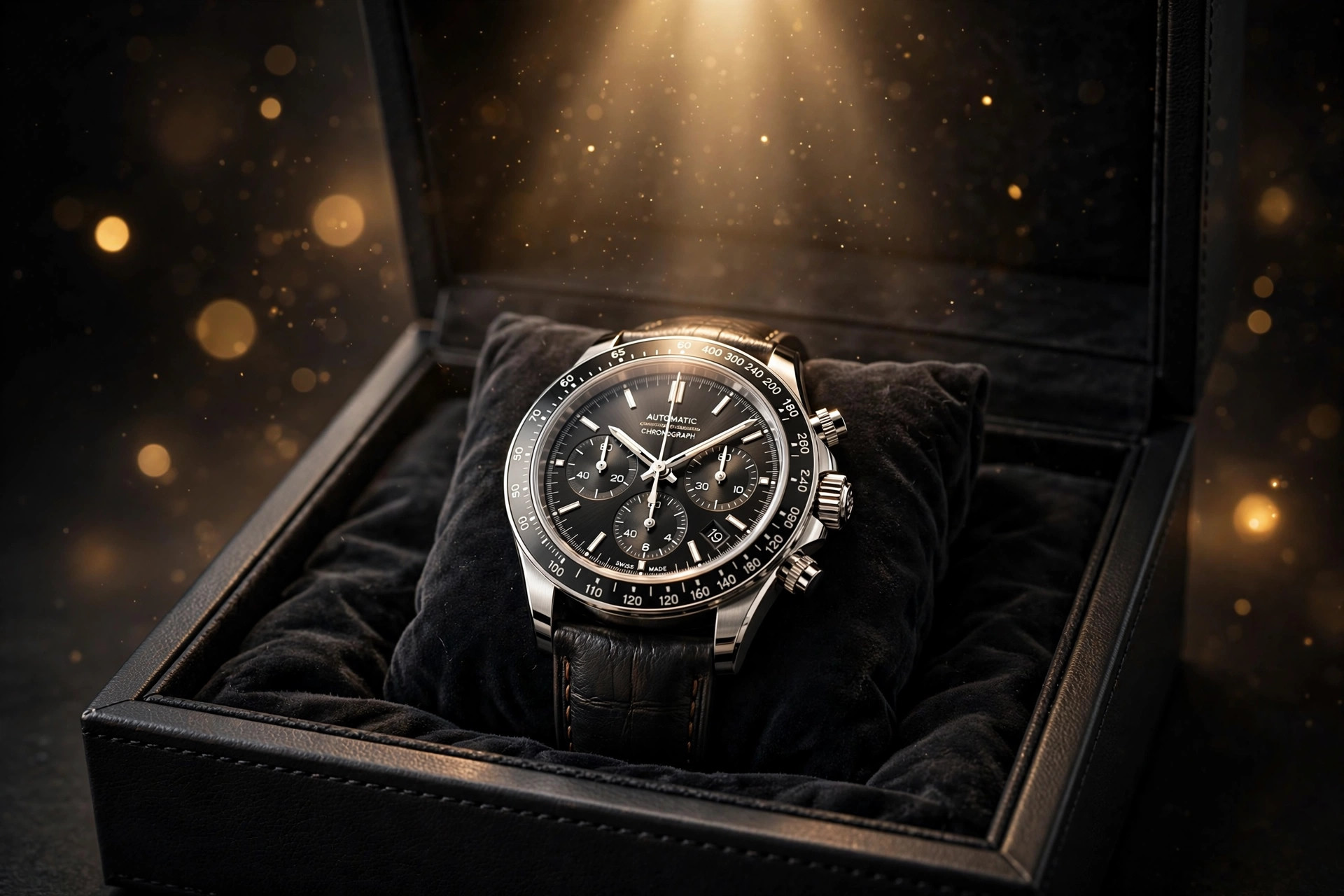 Luxury chronograph resting in an open presentation box